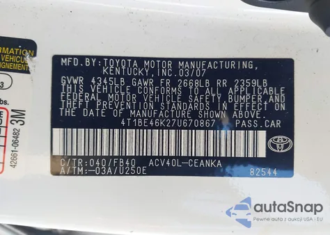 2007 Toyota Camry Le z USA, uszkodzony, nr VIN 4T1BE46K27U670867